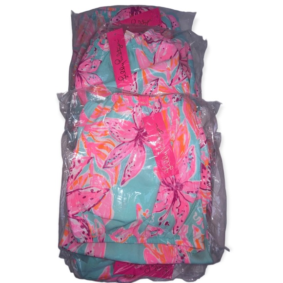 LILLY PULITZER Esmeray Set Surf Blue Bonita Blooms Skirt Puff Sleeve Crop Top - Picture 8 of 13